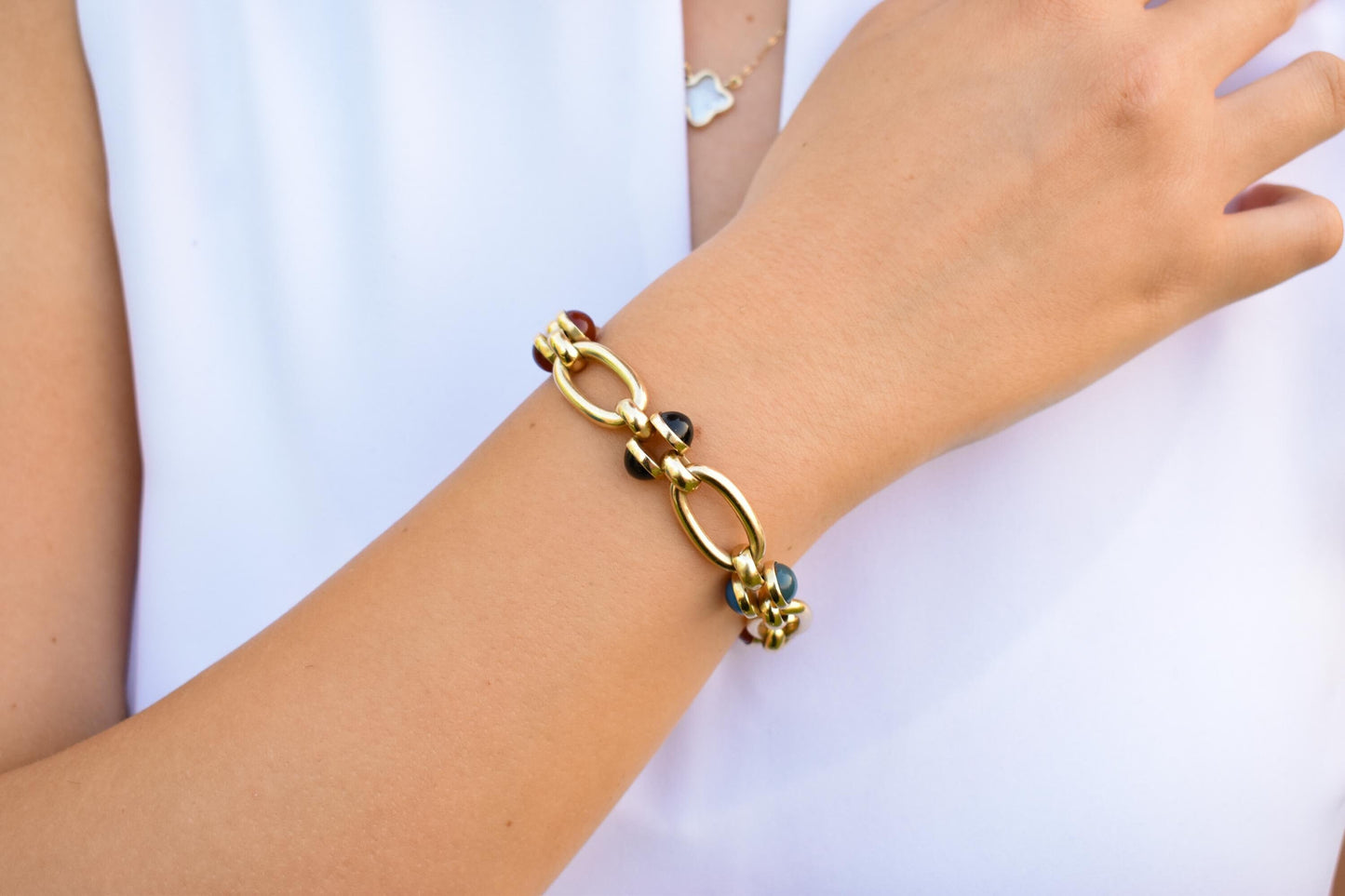 14K Solid Gold Thick Chain Bracelet,Statement Bracelet,Charm Bracelet,Natural Stone Bracelet,Gemstone Bracelet, Forever Unique Gift for Her