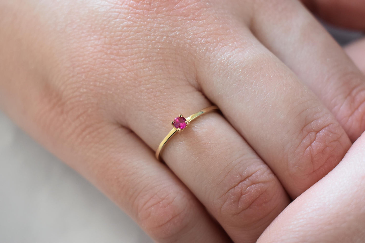 14K Solid Gold Thin Minimalist Ring–Deep Pink Zircon,Stackable Jewellery Gold Ring,14K Wedding & Engagement Stacking Ring,Gift for Her