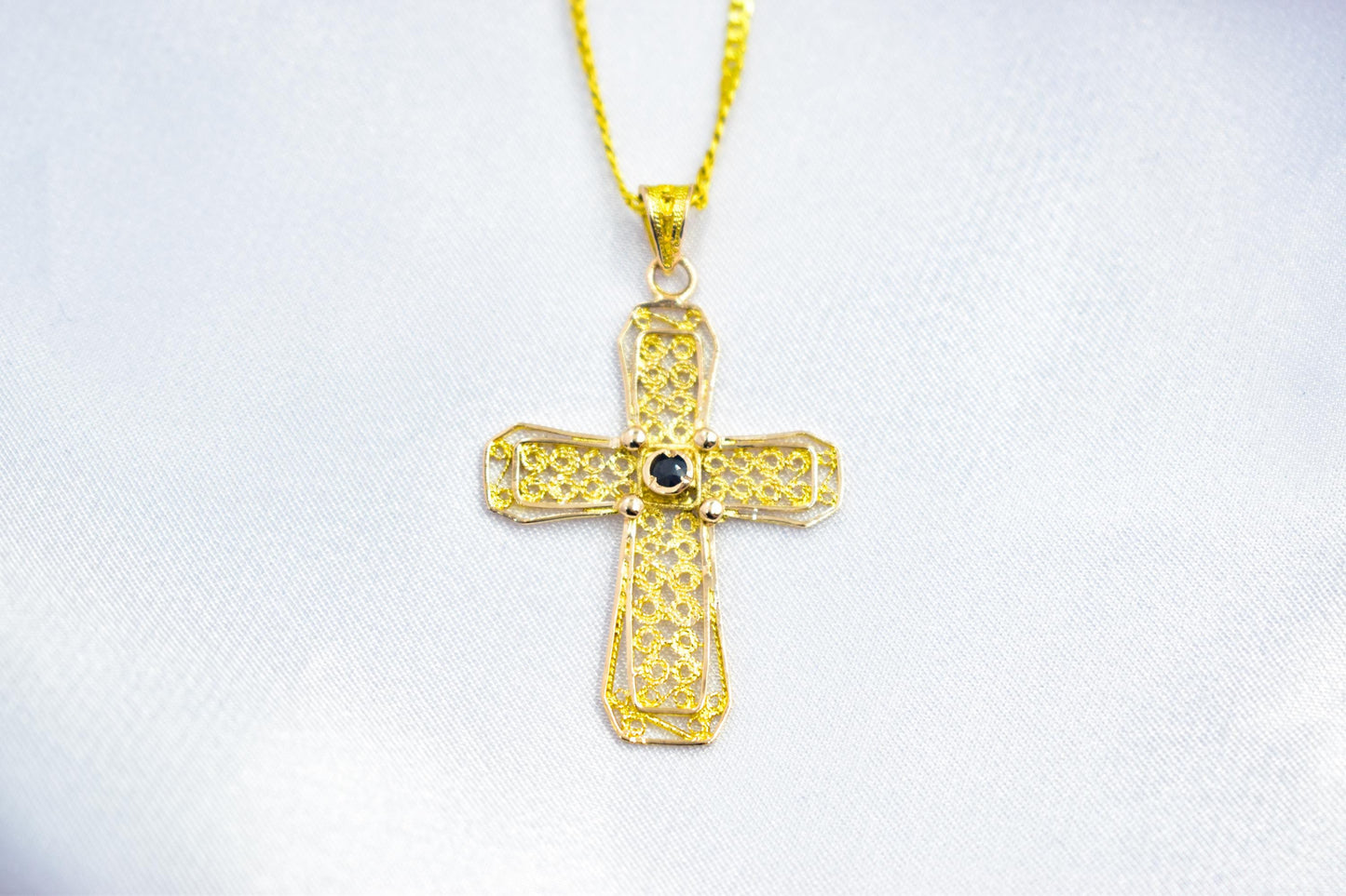 γυναικα Byzantine 14K Gold Cross with Natural Sapphire | Handmade Filigree Orthodox Pendant | Baptism Gift | Unisex Necklace with Optional 14K Chain