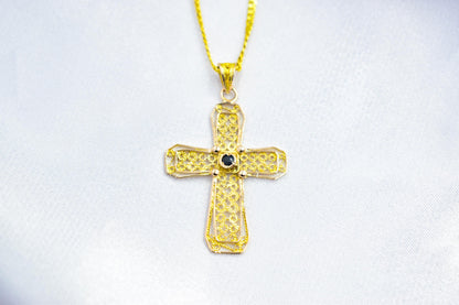 γυναικα Byzantine 14K Gold Cross with Natural Sapphire | Handmade Filigree Orthodox Pendant | Baptism Gift | Unisex Necklace with Optional 14K Chain