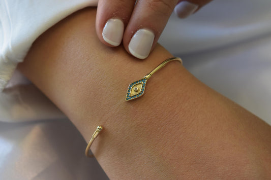 14K Gold Evil Eye Bracelet Turquoise,14K Protective Jewelry,14k Gold Bangle Bracelet,Diamond Dainty Gold Bracelet,Gift for Mom or Her