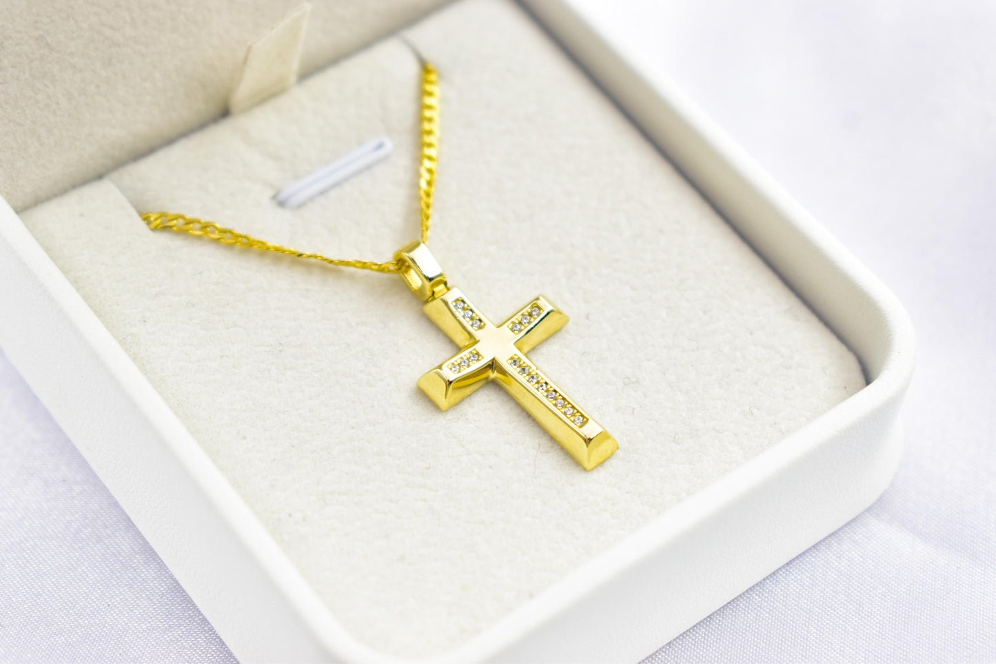 γυναικα 14K Gold Cross Pendant with Zircon Stones,Elegant Christian Necklace,Pendant Only, Complete Set with Chain,Women’s Men’s Cross,Baptism Gift