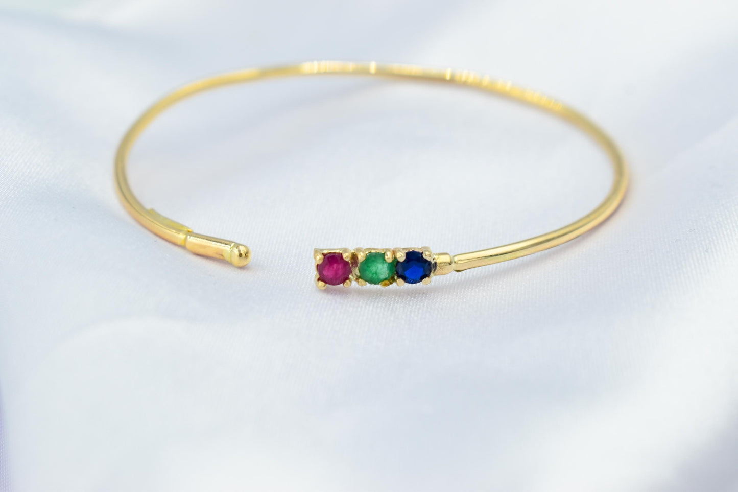 14K Gold Bracelet with Natural Ruby-Emerald-Sapphire,Dainty Cuff Bangle,Perfect Gift for Her,Minimalist Bracelet,Wedding & Engagement Jewel