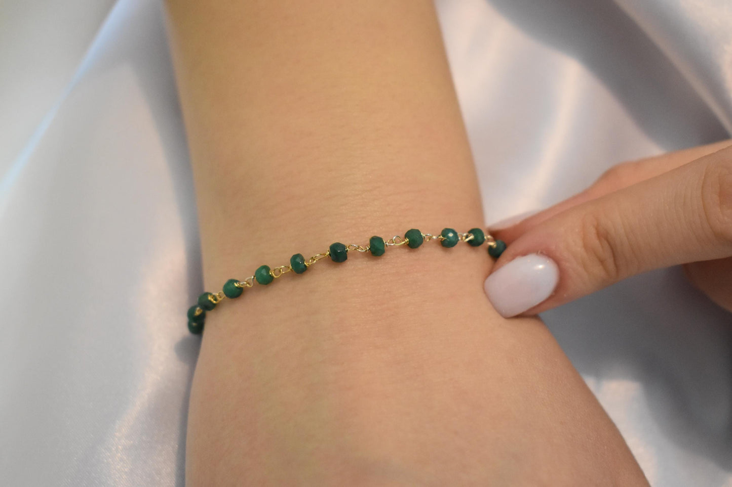 14K Gold Emerald Rosary Bracelet,Emerald Bracelet,Natural Emerald Chain Gold Bracelet,Real Emerald Bracelet,Gold Thin Chain Bracelet for Her