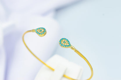 14K Gold Evil Eye Bangle Bracelet,Turquoise Bangle,Zircon Bangle Bracelet,Adjustable Bracelet,Gift for Her,Dainty Bracelet for Mom & Her