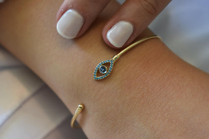 14K Gold Evil Eye Bangle Bracelet Turquoise,Gold Protective Bangle,Navy Evil Eye Gold Bangle Bracelet,Gold Bracelet for Mom & Her