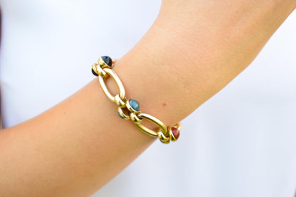 14K Solid Gold Thick Chain Bracelet,Statement Bracelet,Charm Bracelet,Natural Stone Bracelet,Gemstone Bracelet, Forever Unique Gift for Her