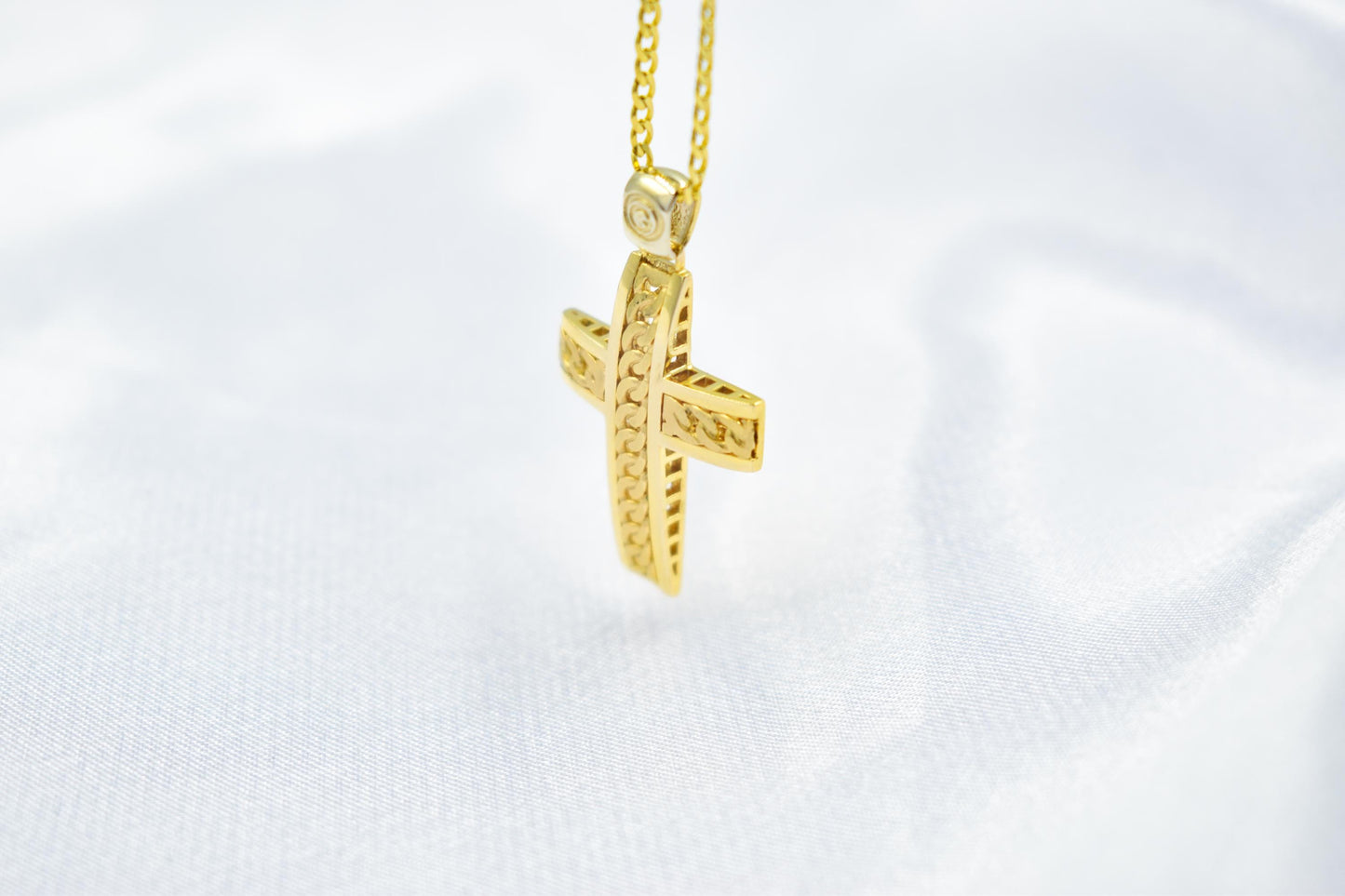 Ανδρικοί Σταυροί 14K Gold Solid Cross Pendant with Cuban Chain Design | Reversible Design | Handmade Christian Jewellery,Men’s & Women’s Option ,Baptism Gift