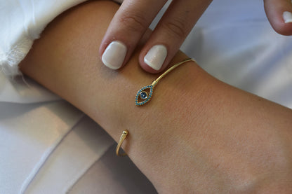 14K Gold Evil Eye Bangle Bracelet Turquoise,Gold Protective Bangle,Navy Evil Eye Gold Bangle Bracelet,Gold Bracelet for Mom & Her