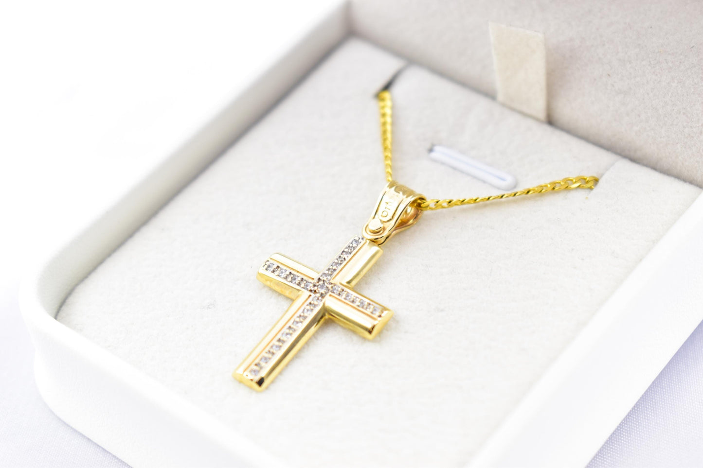 γυναικα 14K Gold Cross Pendant with Zircon Stones | Handcrafted Christian Jewellery | Minimal Design Cross | Women’s Men’s Gold Cross ,Baptism Gift