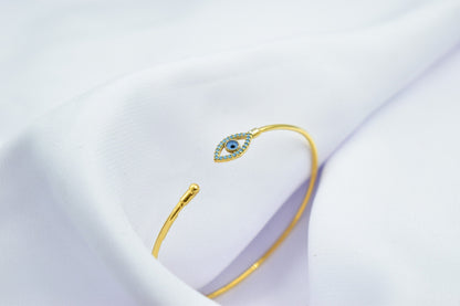14K Gold Evil Eye Bangle Bracelet Turquoise,Gold Protective Bangle,Navy Evil Eye Gold Bangle Bracelet,Gold Bracelet for Mom & Her