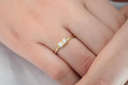 14K Solid Gold Thin Minimalist Ring–Two Round White Zircons,Stackable Jewellery Ring,Gold Band,Wedding & Engagement Stacking Ring for Her