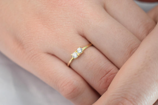14K Solid Gold Thin Minimalist Ring–Two Round White Zircons,Stackable Jewellery Ring,Gold Band,Wedding & Engagement Stacking Ring for Her