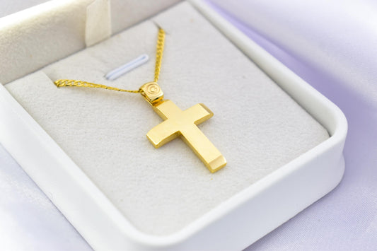 Ανδρικοί Σταυροί 9K Solid Gold Cross Pendant with 14K Chain – Double-Sided Hammered & Polished Cross – Christian Necklace for Men or Women – Baptism Gift