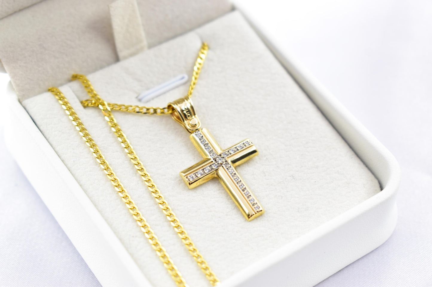 γυναικα 14K Gold Cross Pendant with Zircon Stones | Handcrafted Christian Jewellery | Minimal Design Cross | Women’s Men’s Gold Cross ,Baptism Gift