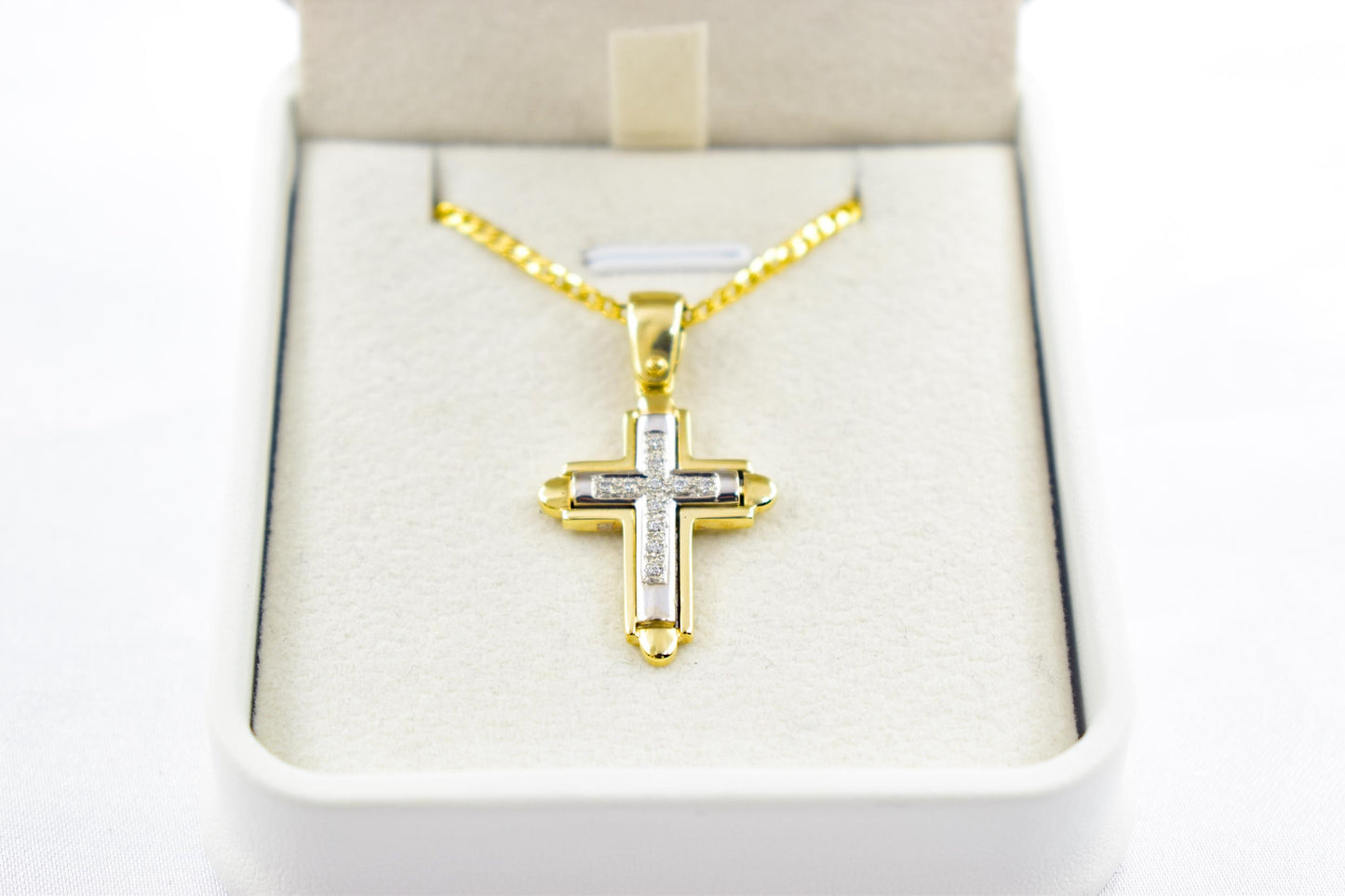 γυναικα 14K Solid Gold Cross Pendant White Zircon Stones,Two-Tone Yellow-White Gold Finish,Optional 14K Chain,Elegant Christian Gift for Men & Women