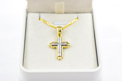 γυναικα 14K Solid Gold Cross Pendant White Zircon Stones,Two-Tone Yellow-White Gold Finish,Optional 14K Chain,Elegant Christian Gift for Men & Women