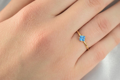 14K Solid Gold Thin Minimalist Ring–Square Light Blue Zircon,Stackable Jewellery Ring,Gold Band,Wedding & Engagement Minimal Ring for Her