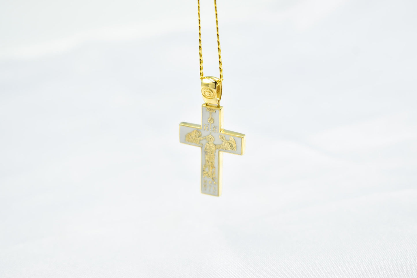 γυναικα 14K Gold Orthodox Cross Pendant with Enamel Back – Double-Sided Religious Jewelry for Men & Women