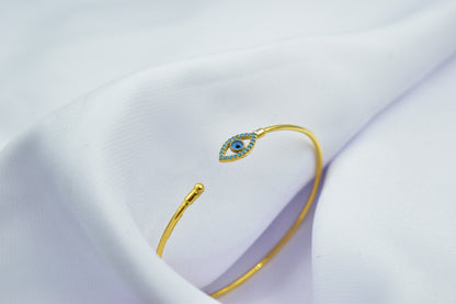 14K Gold Evil Eye Bangle Bracelet Turquoise,Gold Protective Bangle,Navy Evil Eye Gold Bangle Bracelet,Gold Bracelet for Mom & Her
