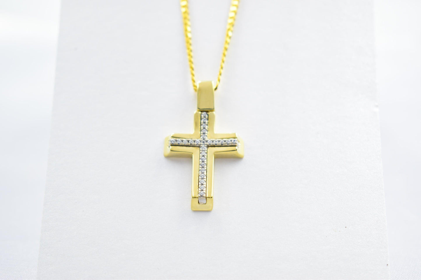 γυναικα 14K Gold Cross Necklace with Cubic Zirconia, Real Gold Religious Pendant, Orthodox Cross Jewelry Gift for Men & Women
