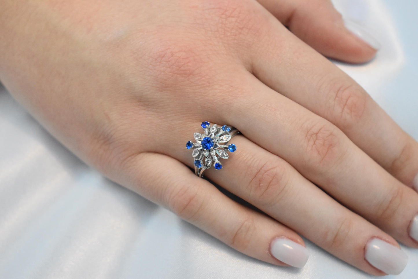 14K Solid Gold Ring Blue and White Zircon,Vintage Retro Ring,Engagement & Wedding Gold Ring,Statement Ring,Stackable Gold Ring,Gift for Her