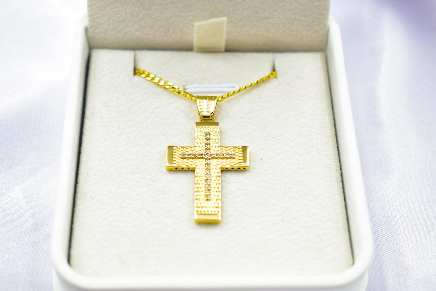 γυναικα 14K Gold Textured Cross Pendant with White Zircon Stones | Reversible Design | Elegant Christian Jewellery for Men  Women,Orthodox Cross