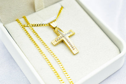 γυναικα 14K Gold Cross Pendant with Zircon Stones | Handcrafted Christian Jewellery | Dual-Sided Design | Includes 14K Gold Chain,Baptism Gift