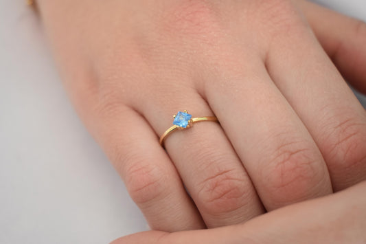 14K Solid Gold Thin Minimalist Ring–Square Light Blue Zircon,Stackable Jewellery Ring,Gold Band,Wedding & Engagement Minimal Ring for Her