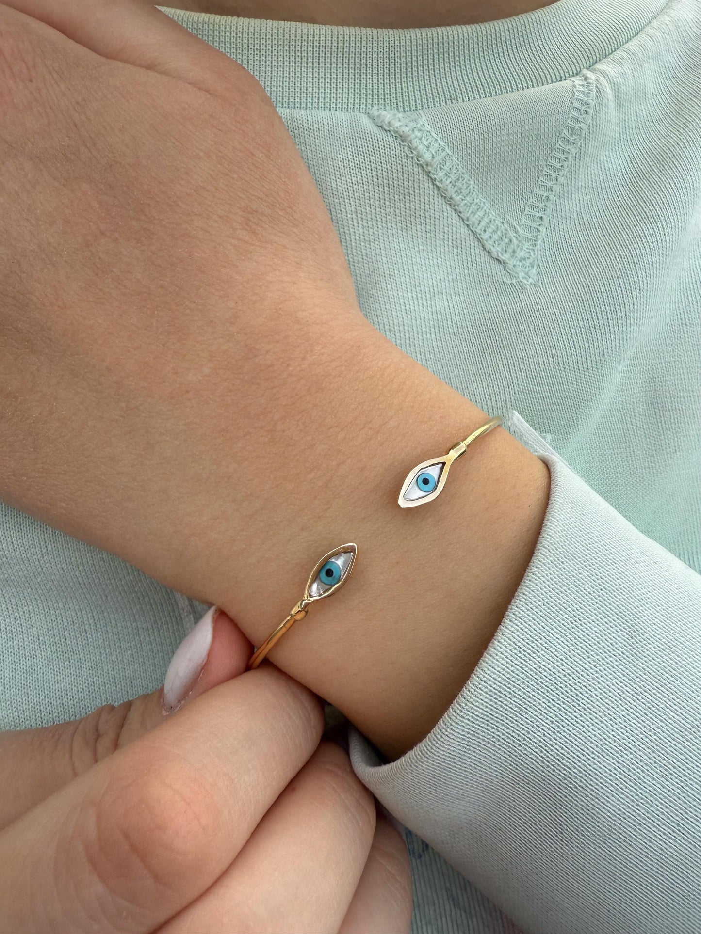 14K Gold Evil Eye Bracelet,Mother of Pearl Evil Eye,Lucky Bracelet,Blue Eye Bangle,Protective Gift for Everyday,Gold Gift for Mom & Her