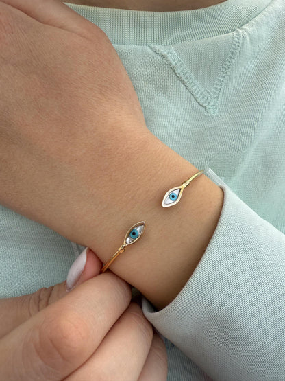 14K Gold Evil Eye Bracelet,Mother of Pearl Evil Eye,Lucky Bracelet,Blue Eye Bangle,Protective Gift for Everyday,Gold Gift for Mom & Her