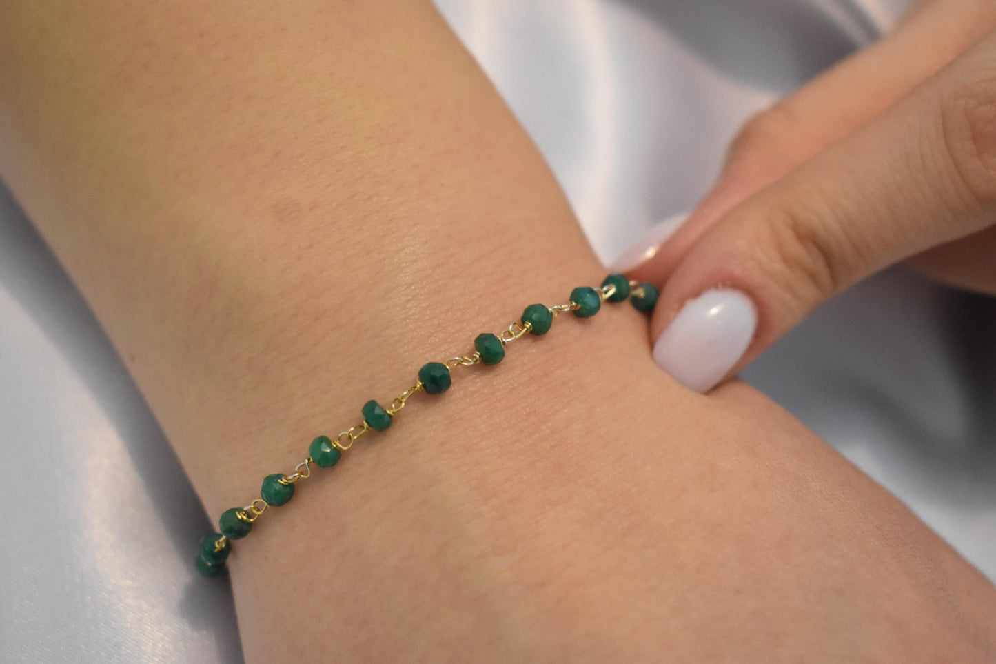 14K Gold Emerald Rosary Bracelet,Emerald Bracelet,Natural Emerald Chain Gold Bracelet,Real Emerald Bracelet,Gold Thin Chain Bracelet for Her