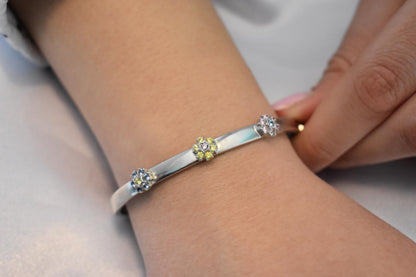 14K White Solid Gold Bracelet with Flower Zircons,Birthstone Bangle for Women,Wedding & Engagement Bracelet,Gold Flower Bracelet for Her