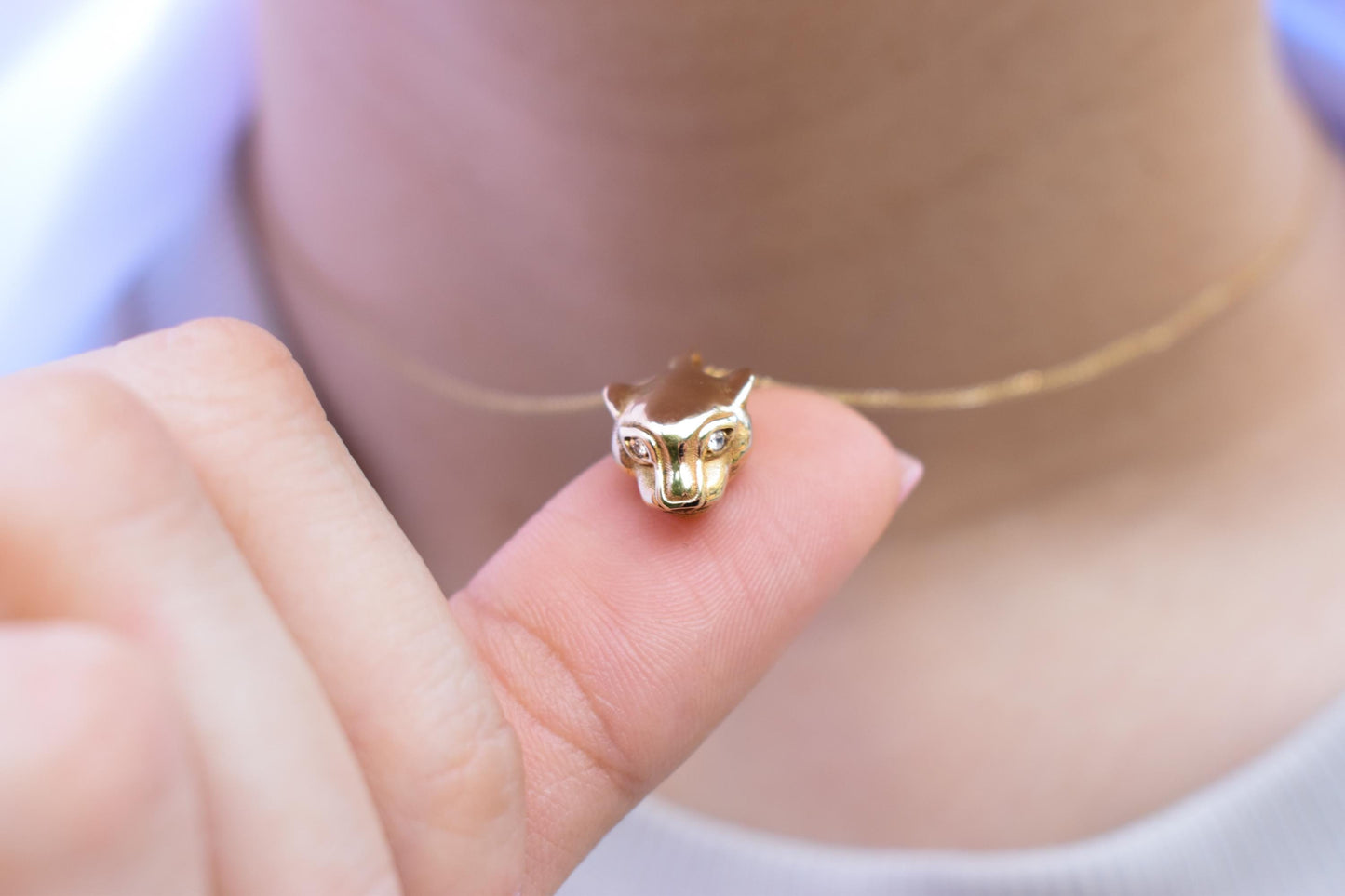 Χρυσό Κολιέ με Κεφάλι Πάνθηρα και Διαμάντια 14Κ