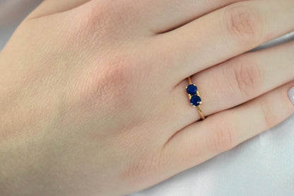 14K Solid Gold Thin Minimalist Ring–Two Round Dark Blue Zircons,Stackable Jewellery Ring,Gold Band,Wedding & Engagement Minimal Ring for Her