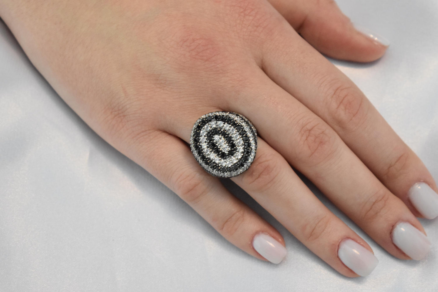 14K Solid White Gold Ring,White and Black Zircon,Wedding & Engagement Ring,Statement Ring,Ring for Mom and Her