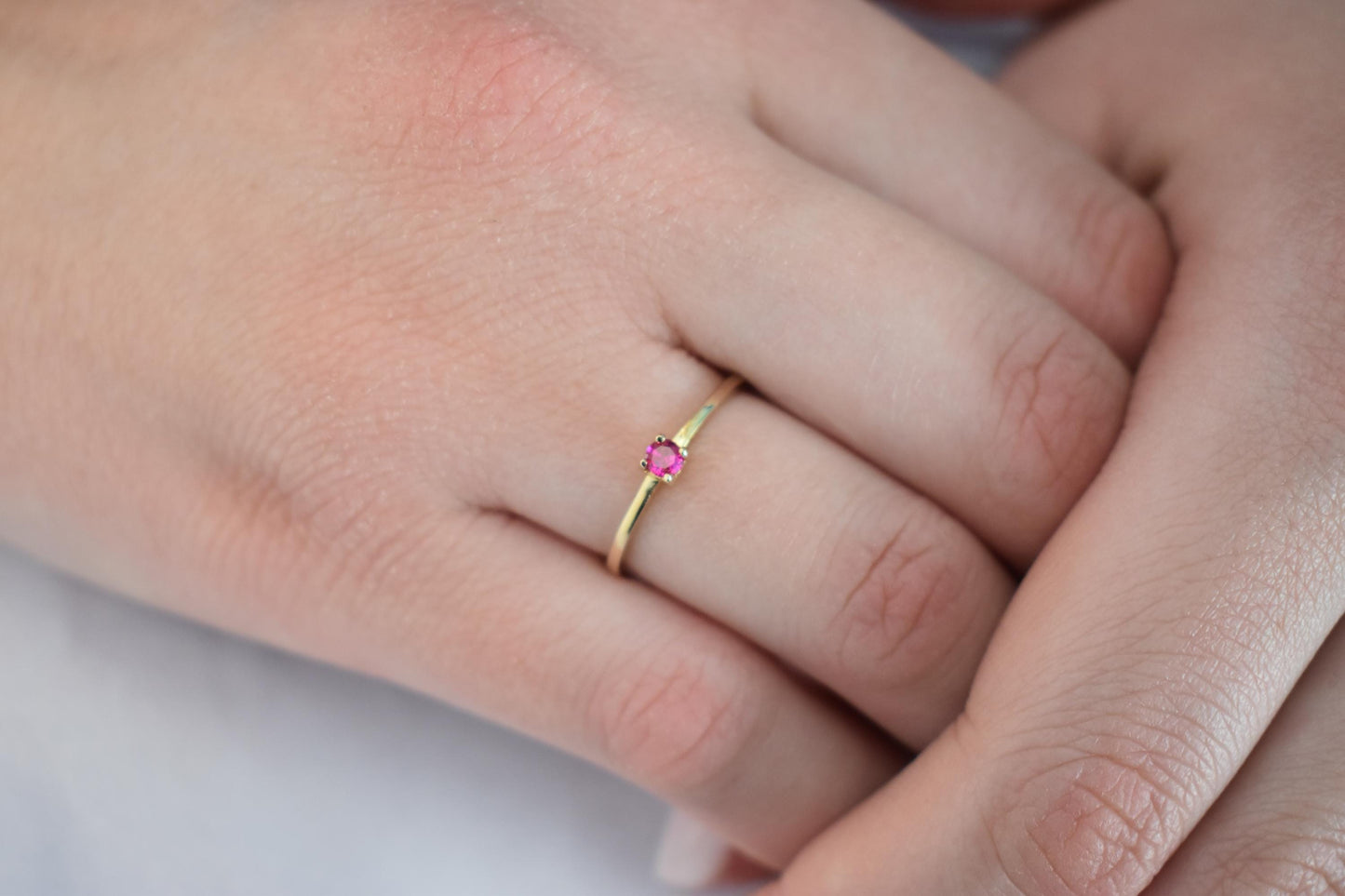 14K Solid Gold Thin Minimalist Ring–Deep Pink Zircon,Stackable Jewellery Gold Ring,14K Wedding & Engagement Stacking Ring,Gift for Her