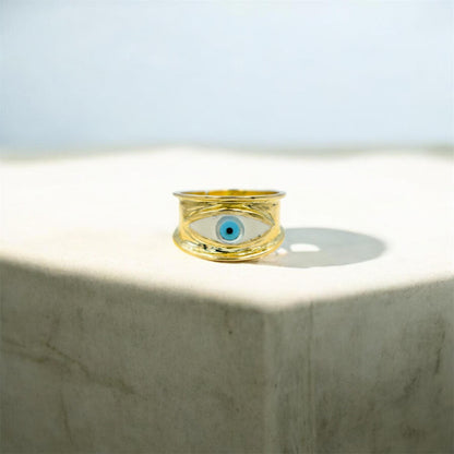 Χειροποίητο Δαχτυλίδι με Λευκό Σμάλτο Μάτι Κ14 - Αυξομειούμενο