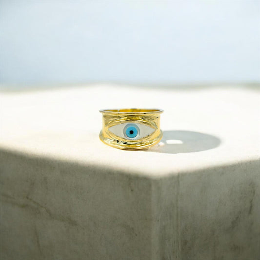 Χειροποίητο Δαχτυλίδι με Λευκό Σμάλτο Μάτι Κ14 - Αυξομειούμενο