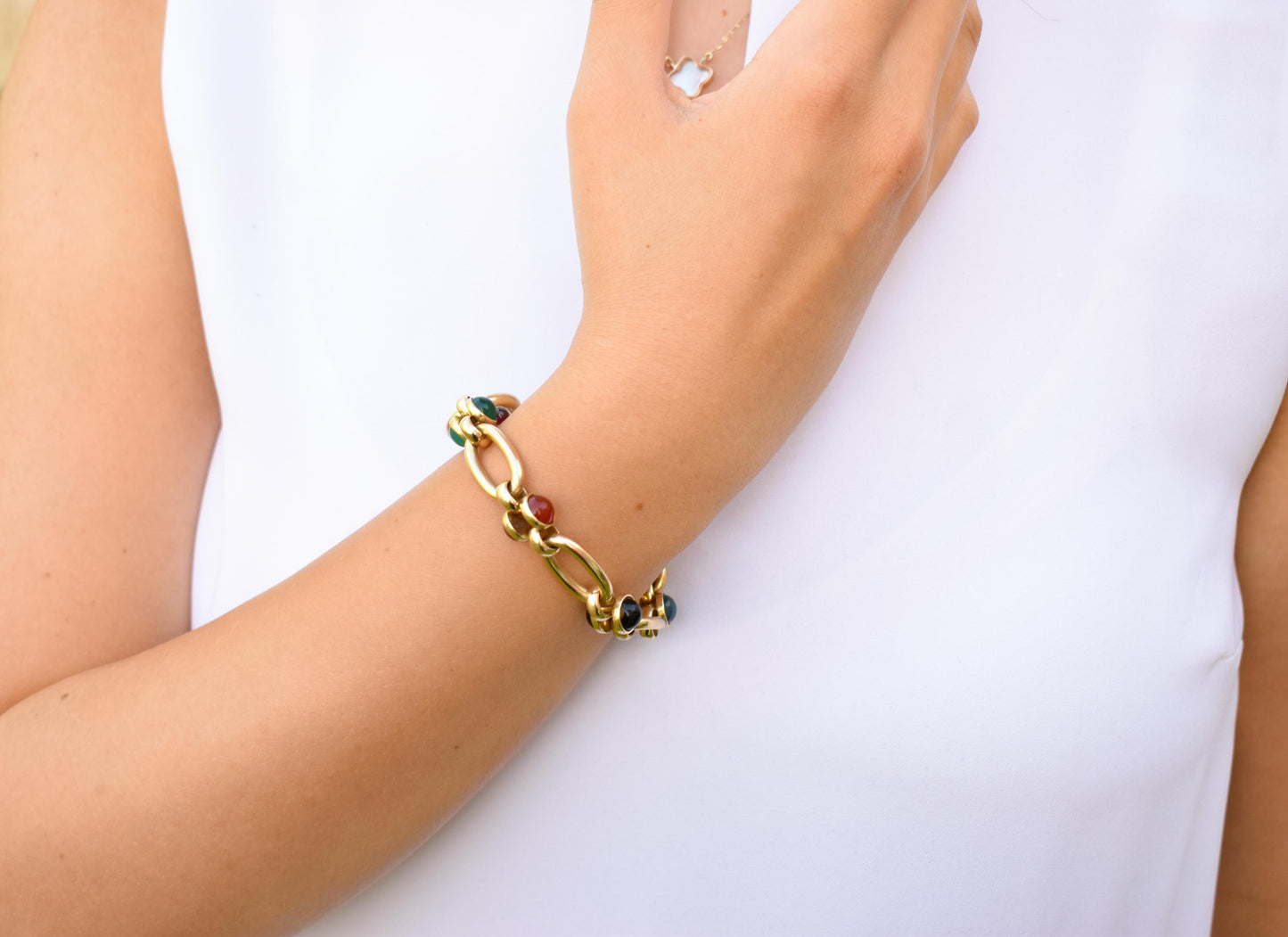 14K Solid Gold Thick Chain Bracelet,Statement Bracelet,Charm Bracelet,Natural Stone Bracelet,Gemstone Bracelet, Forever Unique Gift for Her