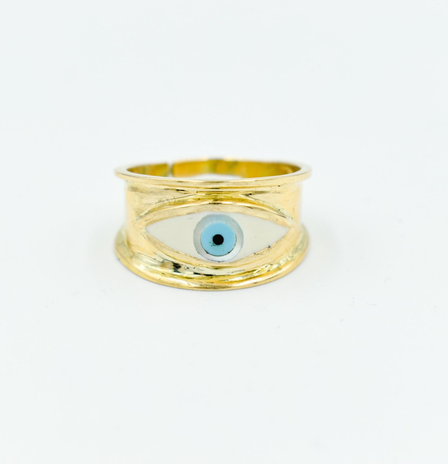 Χειροποίητο Δαχτυλίδι με Λευκό Σμάλτο Μάτι Κ14 - Αυξομειούμενο