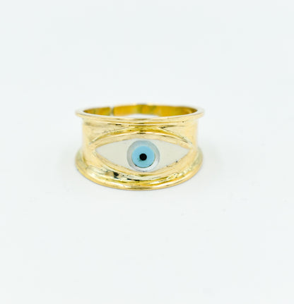 Χειροποίητο Δαχτυλίδι με Λευκό Σμάλτο Μάτι Κ14 - Αυξομειούμενο