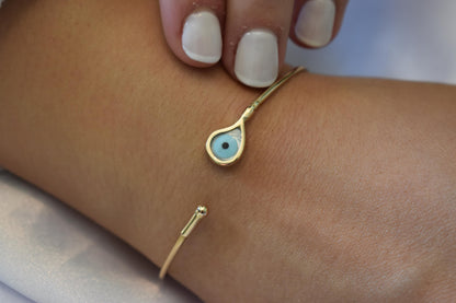14K Gold Evil Eye Bracelet,Bangle Mother of Pearl Evil Eye,Lucky Blue Eye Bracelet,Protective Gift for Everyday Use,Gift for Mom & Her