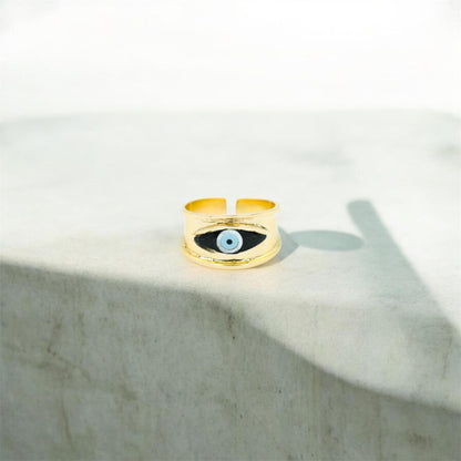 Χειροποίητο Δαχτυλίδι με Μαύρο Σμάλτο Μάτι Κ14 - Αυξομειούμενο