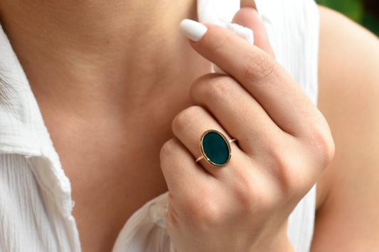 Χειροποίητο Οβάλ Δαχτυλίδι με Πράσινο Σμάλτο Κ14