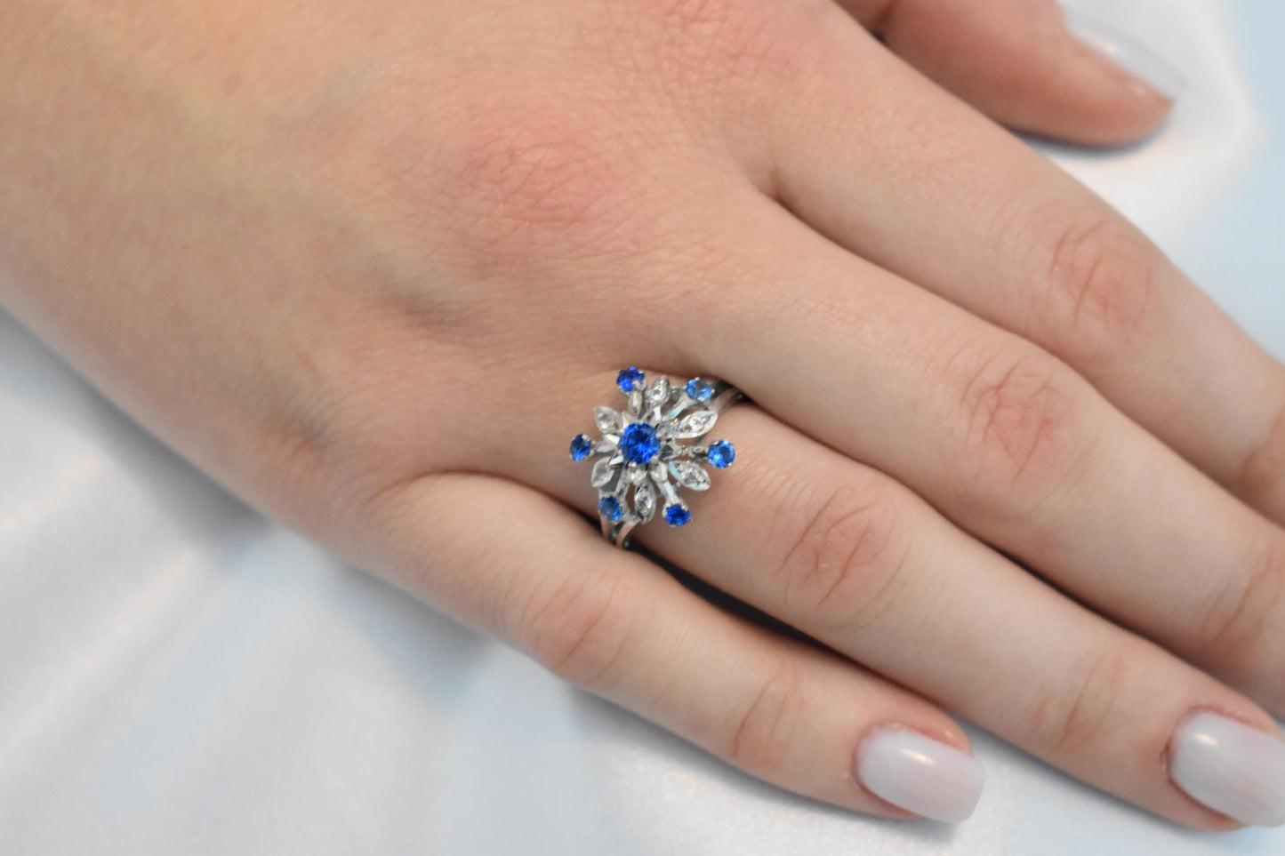 14K Solid Gold Ring Blue and White Zircon,Vintage Retro Ring,Engagement & Wedding Gold Ring,Statement Ring,Stackable Gold Ring,Gift for Her