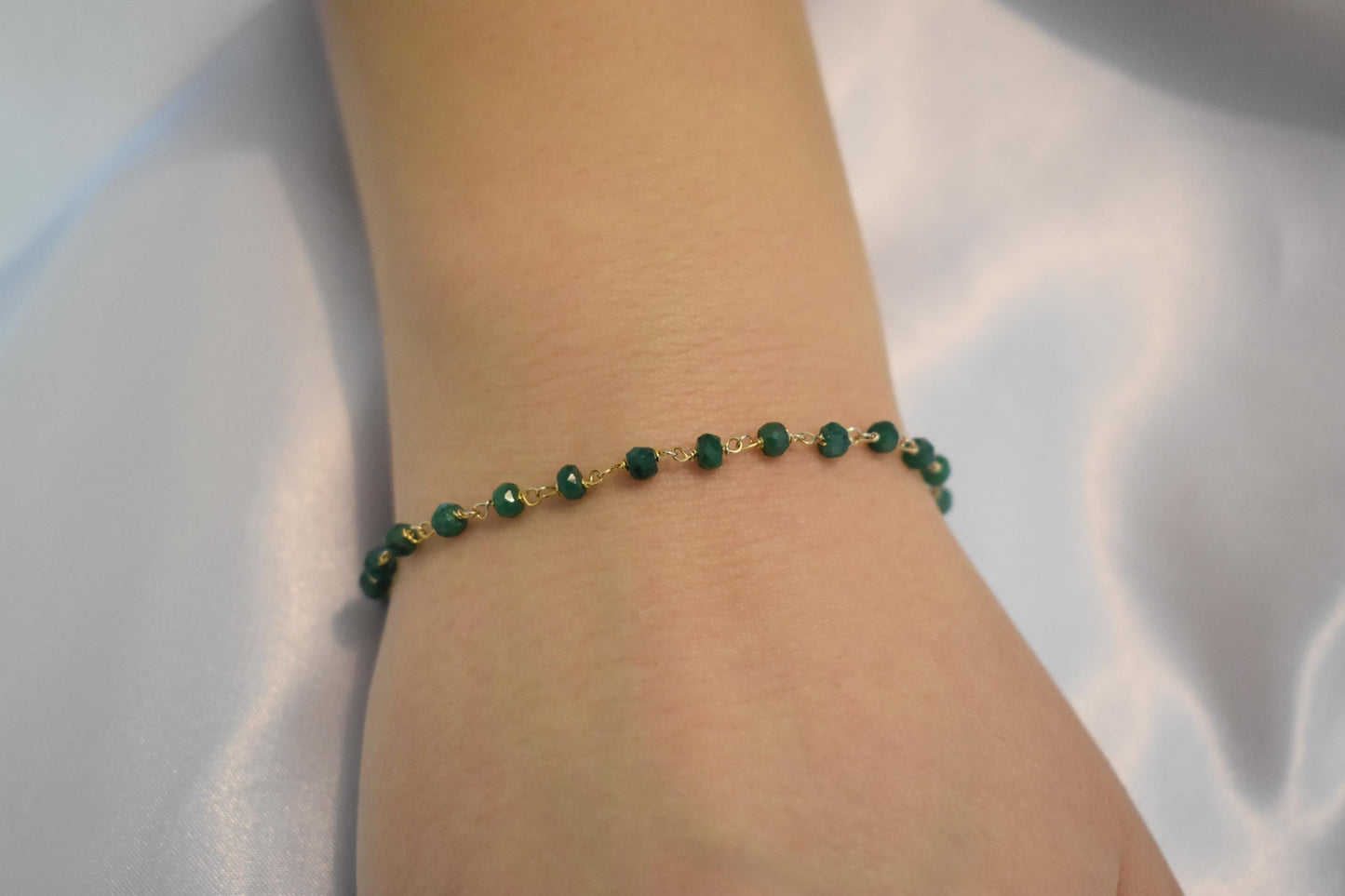 14K Gold Emerald Rosary Bracelet,Emerald Bracelet,Natural Emerald Chain Gold Bracelet,Real Emerald Bracelet,Gold Thin Chain Bracelet for Her