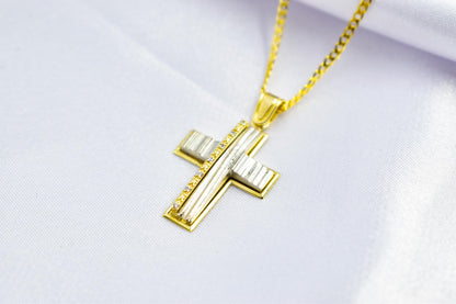 γυναικα 14K Gold Cross Pendant with White and Yellow Gold Finish,Elegant Textured Design ,Handmade Religious,Women’s Men’s Cross,Baptism Gift
