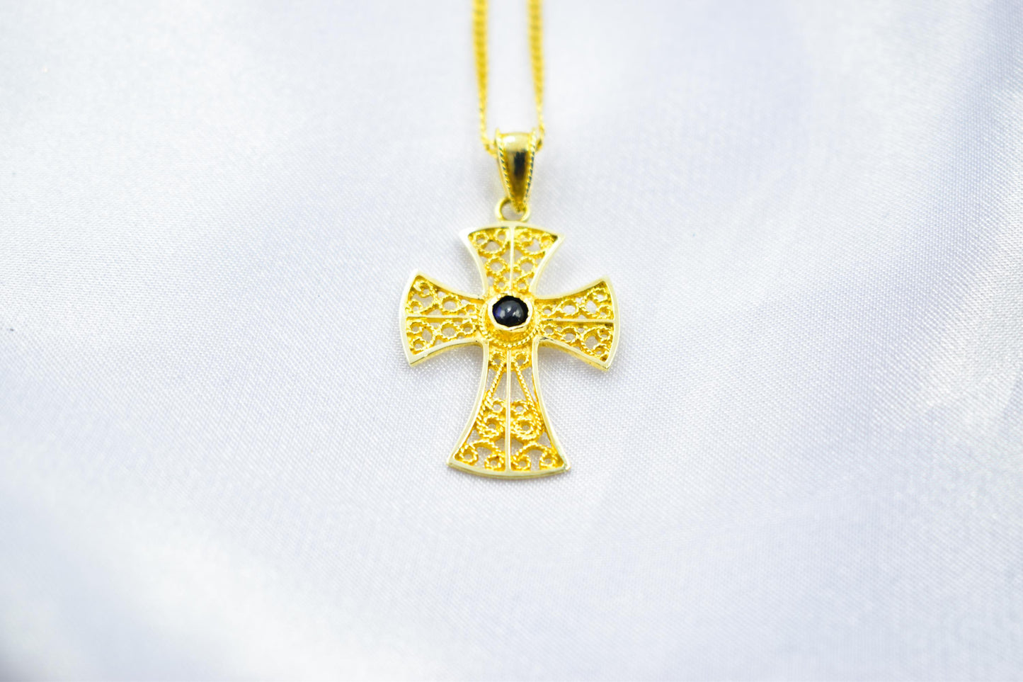 γυναικα Byzantine 14K Gold Cross with Natural Sapphire | Handmade Filigree Orthodox Pendant | Baptism Gift | Unisex Necklace with Optional 14K Chain