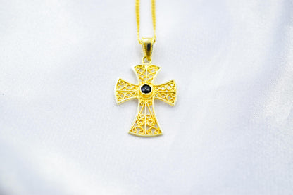 γυναικα Byzantine 14K Gold Cross with Natural Sapphire | Handmade Filigree Orthodox Pendant | Baptism Gift | Unisex Necklace with Optional 14K Chain
